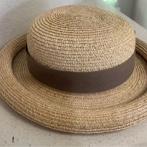 Vintage Helen Kaminski Raffia Straw Hat Rolled Brim Brown Bow hat block Like New - Picture 1 of 14